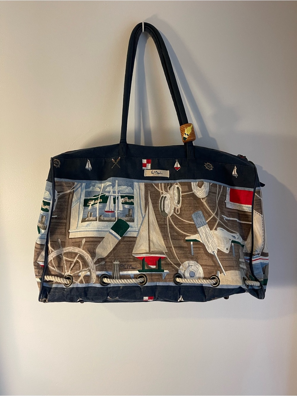 Vintage Paul Brent Nautical Tapestry Weekender Travel Bag Sailboat Tote Duffel